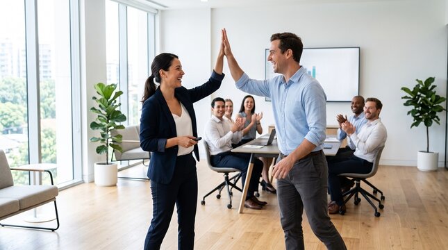 Diverse business team celebrates success with high fives and applause in modern office