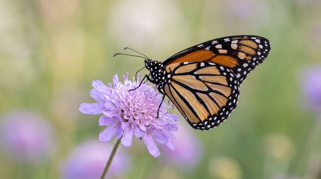 Monarch butterfly with vibrant orange wings rests on a delicate purple flower