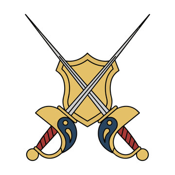 Two crossed antique fencing sabers with ornate guards in a symmetrical heraldic arrangement on a white background. Classic heraldic concept