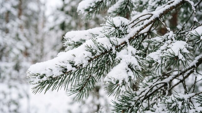 Close-up of fresh snow covering pine tree branches in a winter forest
