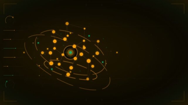 Abstract futuristic scientific atomic structure with golden planetary orbits and digital HUD interface elements