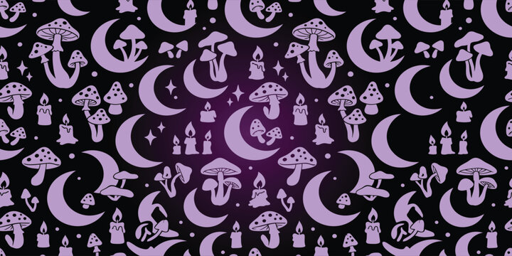 Seamless pattern of purple mushrooms and crescent moons on dark background