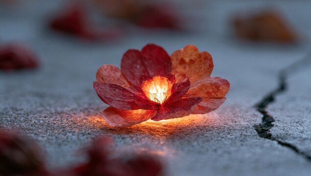 Illuminated paper flower glowing in red and orange hues on textured surface
