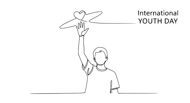 International Youth Day: Person Raising Hand with Heart Symbol, Continuous Line Art