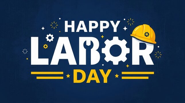 A festive graphic design celebrating happy labor day with industrial tools and a yellow construction hard hat illustration