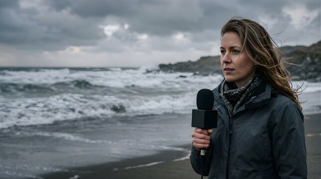 Female reporter holding microphone reporting storm news on a beach