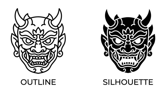 Hannya Mask Design: A traditional Hannya mask, representing jealousy and obsession in Japanese folklore, is presented in both outline and silhouette form.