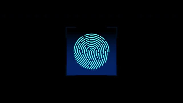 Biometric fingerprint scanner overlay element animation with alpha channel for cybersecurity HUD graphic, technology UI design, identity verification and futuristic data access concept