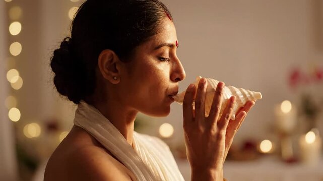 An indian woman blowing a conch shell in a warm bokeh lit room during a serene festival ritual.