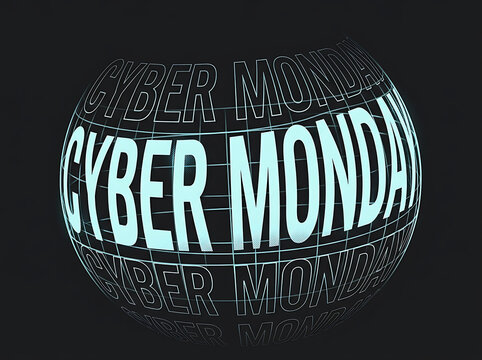 Cyber monday glowing neon text on a digital globe wireframe background