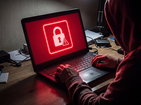 A laptop glows red with a generic ransomware warning padlock in darkness &mdash; cyber attack as a visceral digital moment. Ideal for cybersecurity, insurance, tech media, and security editorial.