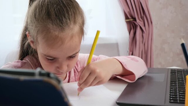 Child studying with multiple devices e learning at home concept