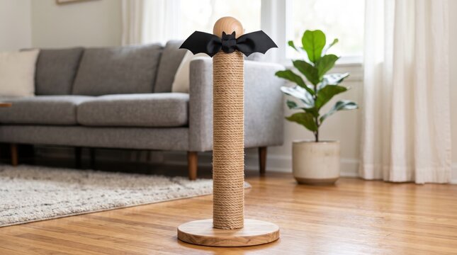A cozy living room features a sisal scratching post with a black bat toy, positioned on wooden flooring near a green potted plant and gray sofa by a window.