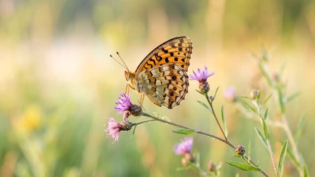 fritillary butterfly close up in alps meadow europe morning light video