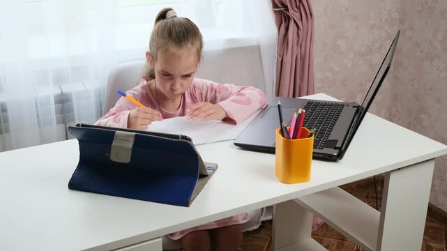 Child studying at home with multiple devices and online education