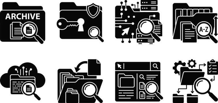 File Management and Document Search Icon Set with Archive, Security, and Folder Organization