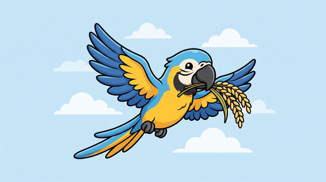 Cute parrot cartoon mascot vector illustration with bold outlines flying in sky with clouds holding rice stalk