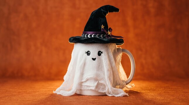 Cute Minimalist Halloween Ghost Mug Wearing a Witch Hat Decorative Spooky Wallpaper
