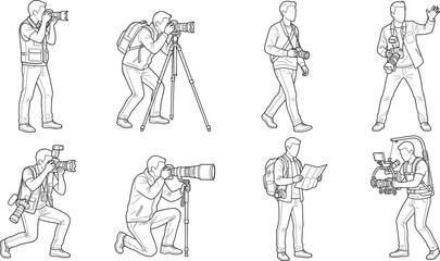 Obraz premium Photographer Line Art Vector Collection Featuring Camera Operators Wildlife Photography Videography and Outdoor Media Professionals