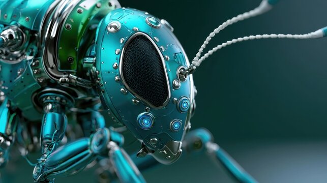 Macro view of a futuristic cybernetic hero insect with shiny metallic teal plating and glowing blue eyes