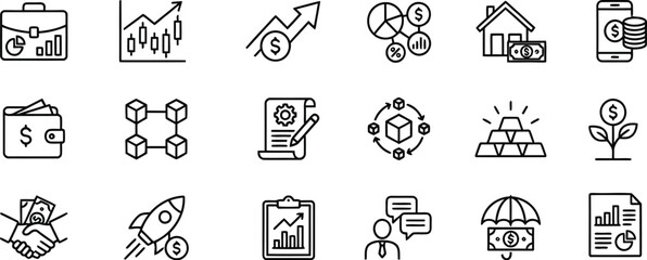 Fototapeta premium Set of hand drawn business and finance icons featuring charts money growth and professional strategy elements on white background