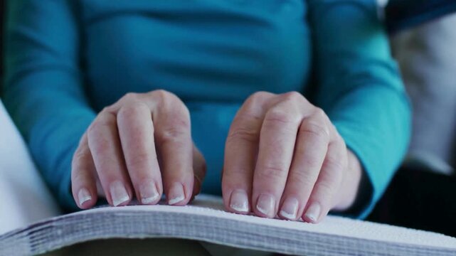 Person Reading Braille Text With Focused Hands On Book