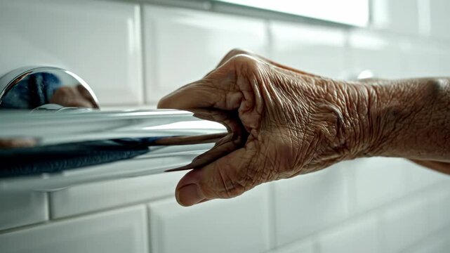 Elderly person grabbing bathroom grab bar in a home setting