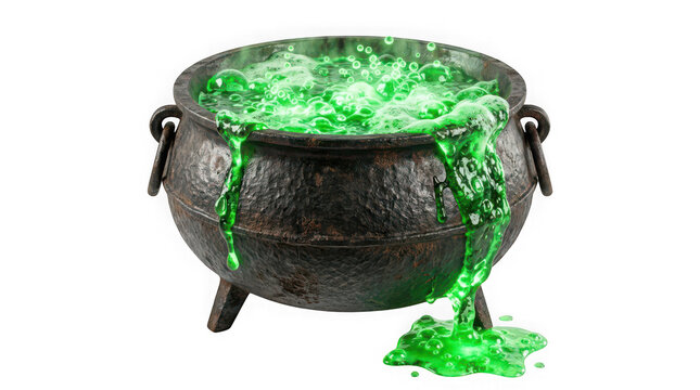 A detailed cast iron witch cauldron with bubbling green magical potion isolated as a high quality halloween png image