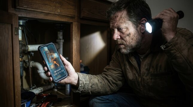 Plumber inspecting leaky pipes under a sink, holding a flashlight and a smartphone. The phone displays a leak detection app.