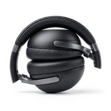 Modern Black Foldable Over Ear Headphones with Metal Accents on White Background Silhouette