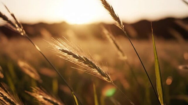 Golden light shines on tall grass in a field during sunset in a rural setting