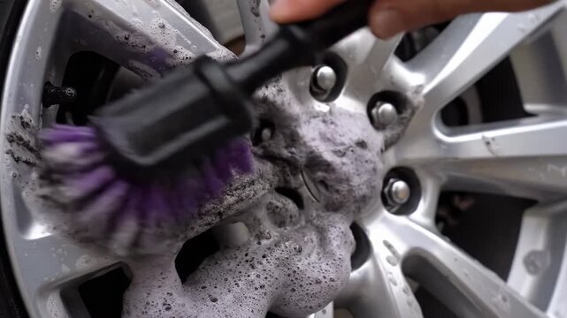 Cleaning car wheels with soap and brush at a car wash