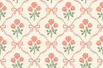 Fototapeta premium Seamless vintage rose bouquet pattern with elegant pink ribbon bows and romantic floral motifs on a cream background, repeating botanical design for fabric, wallpaper, wrapping paper and textile.