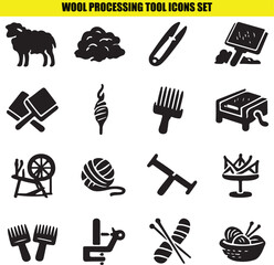 Wool processing tool icons set featuring sheep fiber spinning and textile crafting equipment design. © Shohel