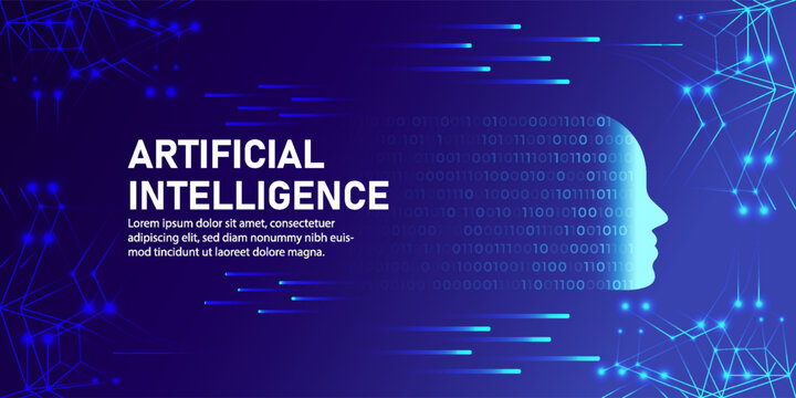 Artificial Intelligence Technology Banner with Digital Human Profile, Binary Data, Neural Network Connections and Futuristic AI Innovation Background