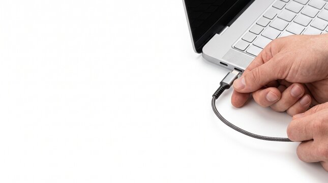 Close up of a person plugging a USB C cable into a modern silver laptop on a white background Silhouette