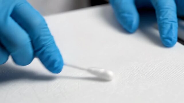 Hands in blue gloves perform a swab test on a surface in a lab setting