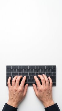 Overhead view of hands typing on a modern dark keyboard with a white background Silhouette