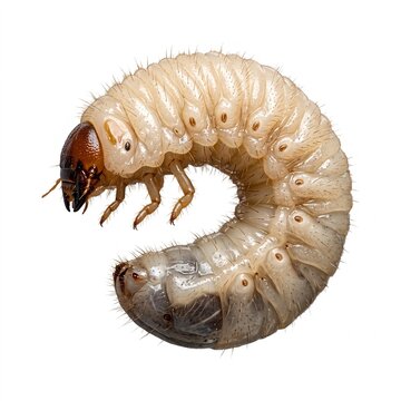 Grub worm, isolated on white, showing its segmented body and head.