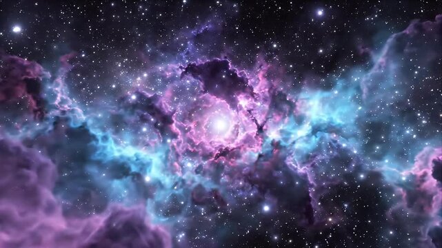 4K cinematic loop of glowing purple and cyan nebula in deep space galaxy background