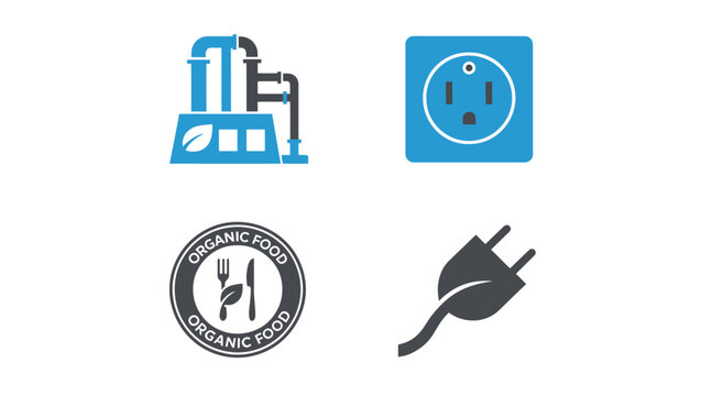 Set of four icons representing energy and organic food concepts.
