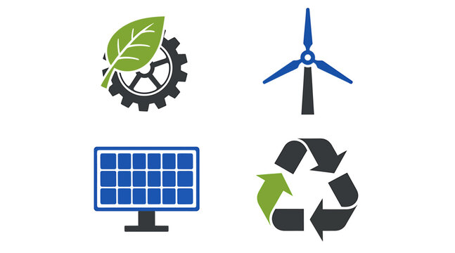 Set of four icons representing renewable energy and sustainability concepts.