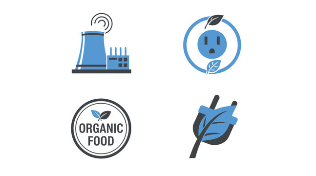 Set of icons representing renewable energy and organic food concepts.