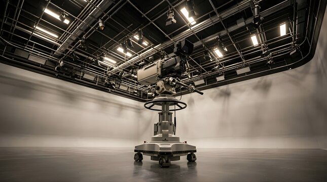 Professional broadcast television camera inside an empty studio stage