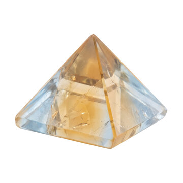 Golden amber and light blue dual tone celestite crystal pyramid, isolated on transparent
