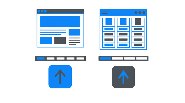 Website design and development progress bars and upload icons.