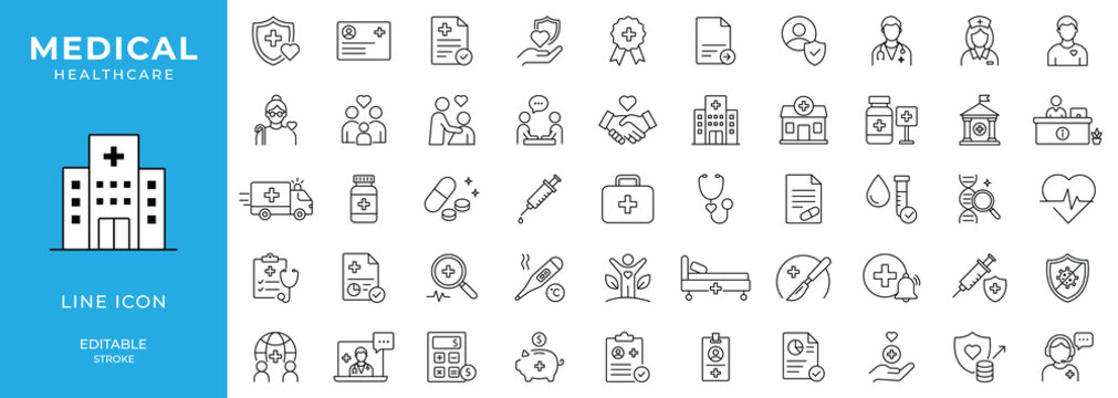 Healthcare icons in line style editable stroke. Medicine and Health Care linear icon collection. Doctor, treatment, medical, report, diagnosis, health, prevention vector illustration
