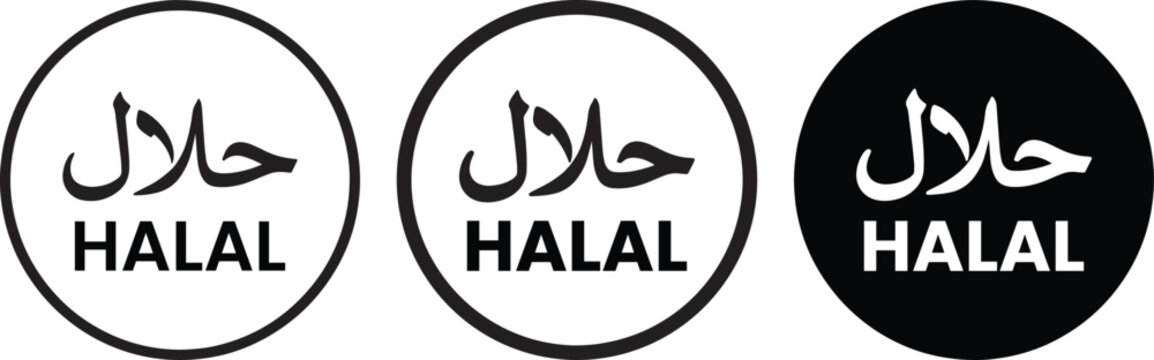Halal Certified Badge Icon Solid and Outline Food Label Vector with Arabic Text.