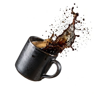 Dark Ceramic Mug Tipping Over With Coffee Splashing Outward in Dynamic Motion Silhouette