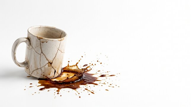Cracked Ceramic Mug Spilling Dark Coffee in a Dynamic Splash on a White Background Silhouette